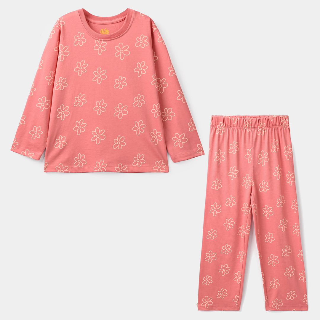 Girls Poly Cotton Jersey Night Suit Lazy Dazzy-Pink
