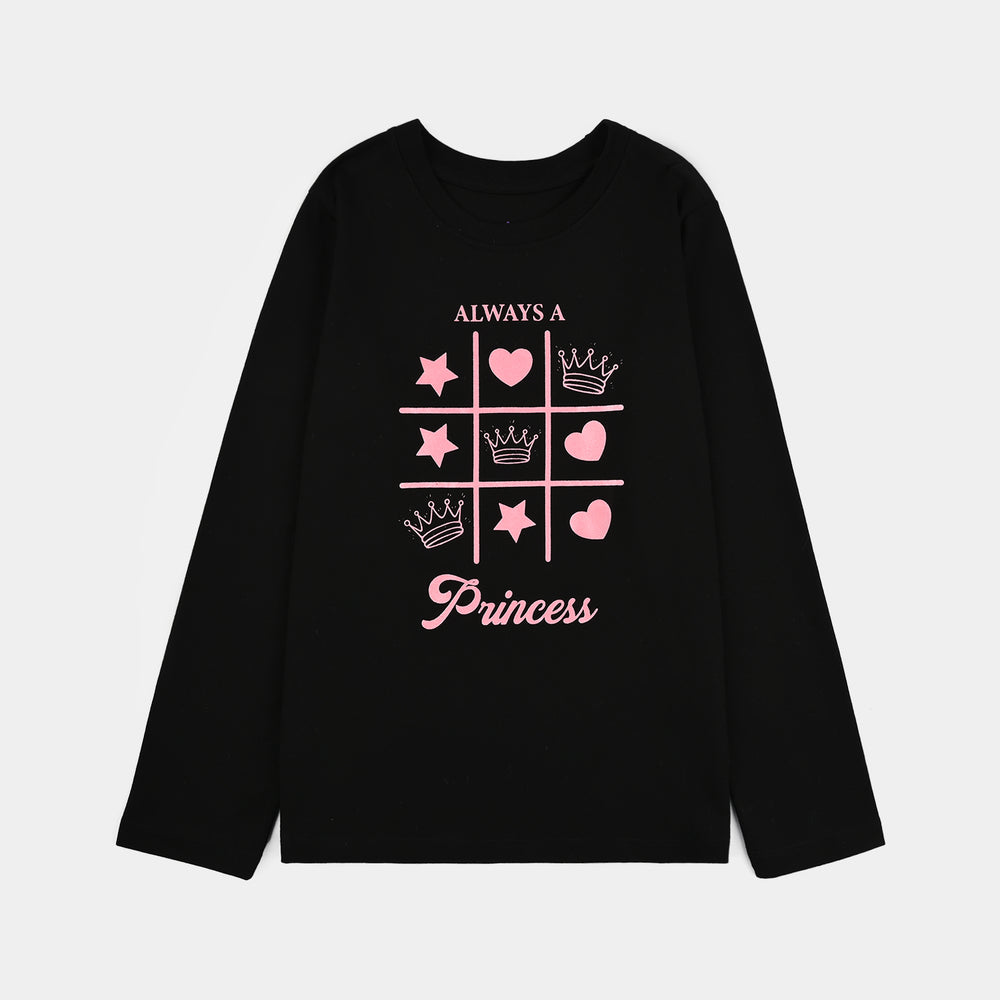 Girls Poly Cotton Jersey Night Suit Always A Princess - BLACK