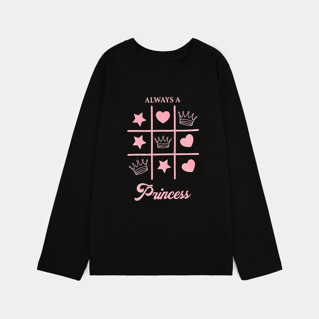 Girls Poly Cotton Jersey Night Suit Always A Princess - BLACK