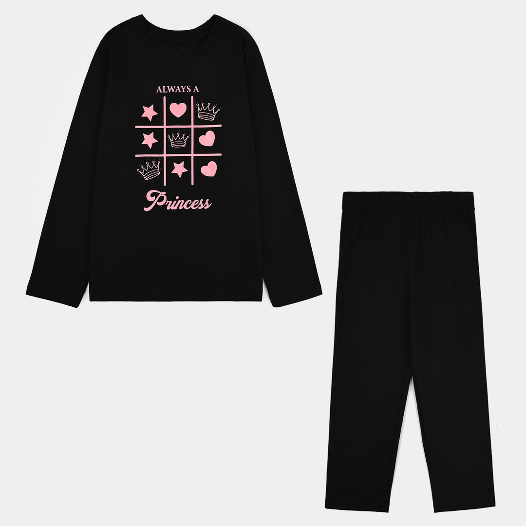 Girls Poly Cotton Jersey Night Suit Always A Princess - BLACK