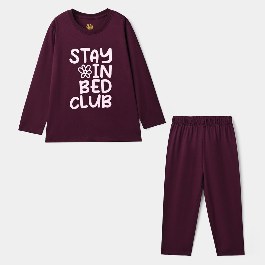 Girls Poly Cotton Jersey Night Suit Stay in bed-Purple