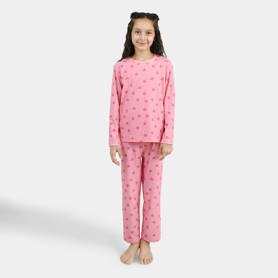 Girls Poly Cotton Jersey Night Suit Hearts - PINK