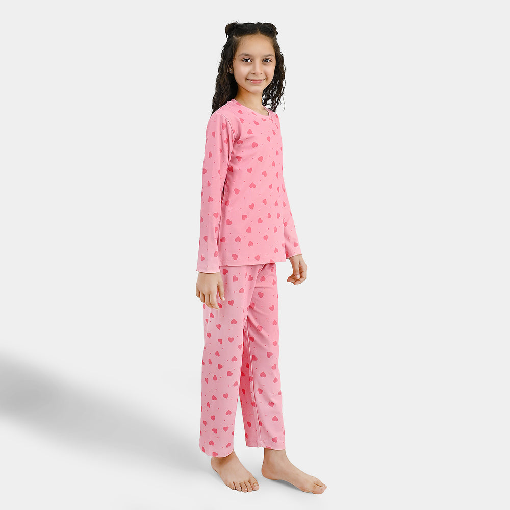 Girls Poly Cotton Jersey Night Suit Hearts - PINK