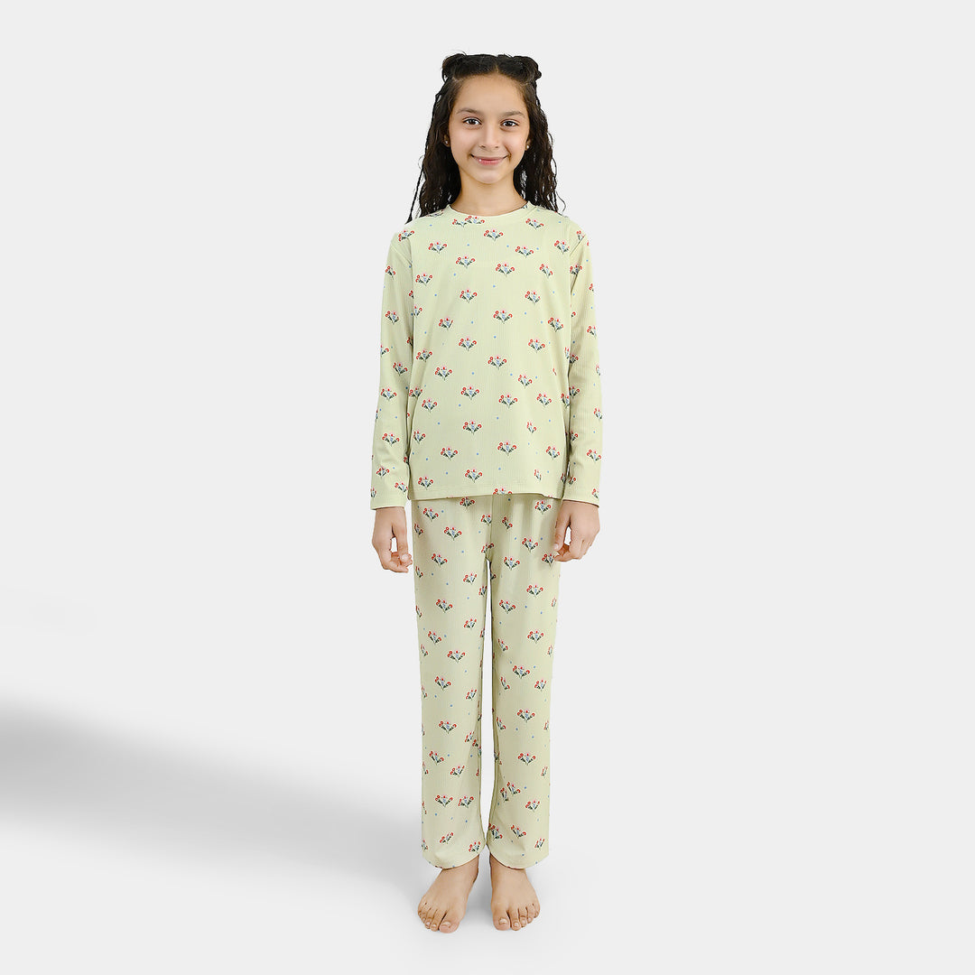 Girls Poly Cotton Jersey Night Suit Floral Repeat - GREEN