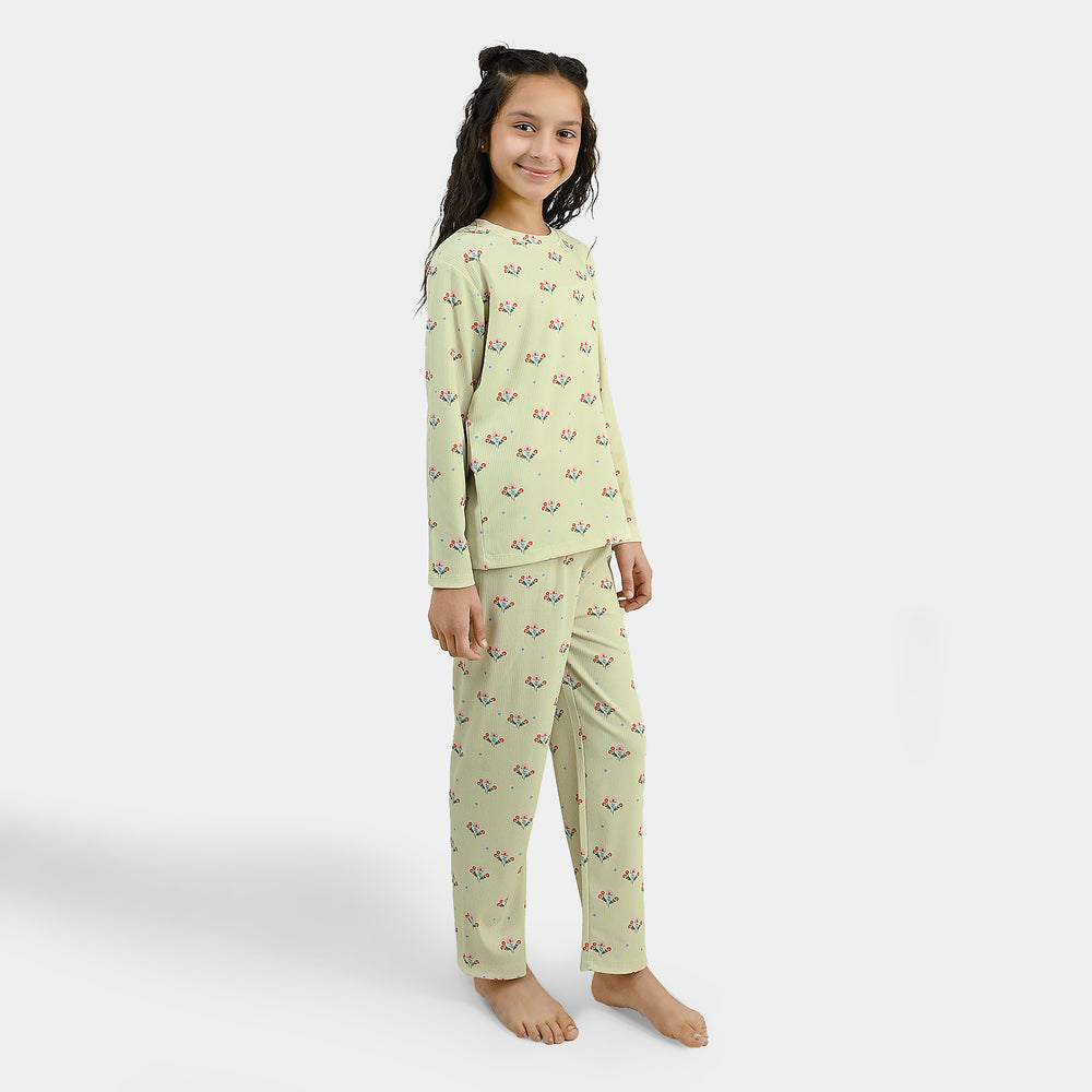 Girls Poly Cotton Jersey Night Suit Floral Repeat - GREEN