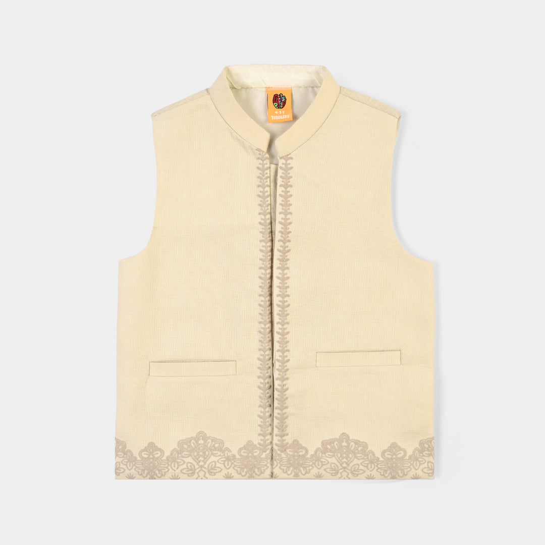 Boys Cotton Slub 3Piece Suit (Puff Print)-Beige