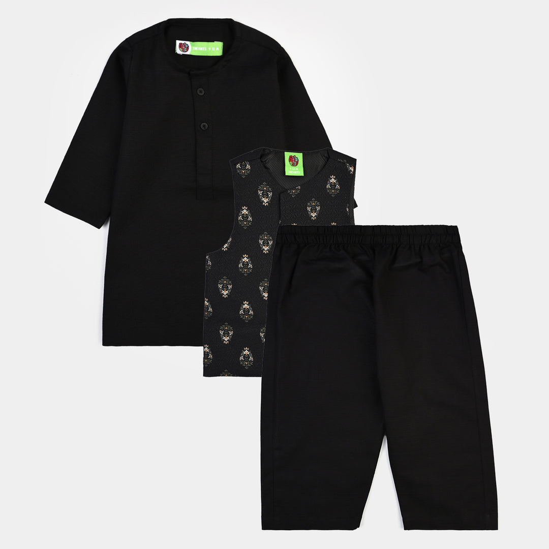 Infant Boys Cotton Slub 3Piece Suit (Gul-E-Rang)-BLACK
