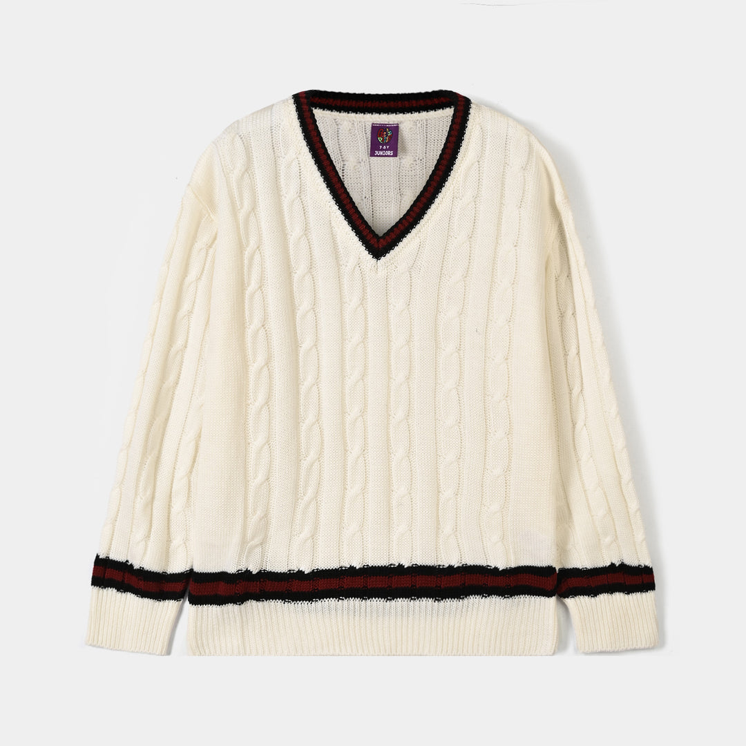 Boys Acrylic F/S Sweater Cricket-White