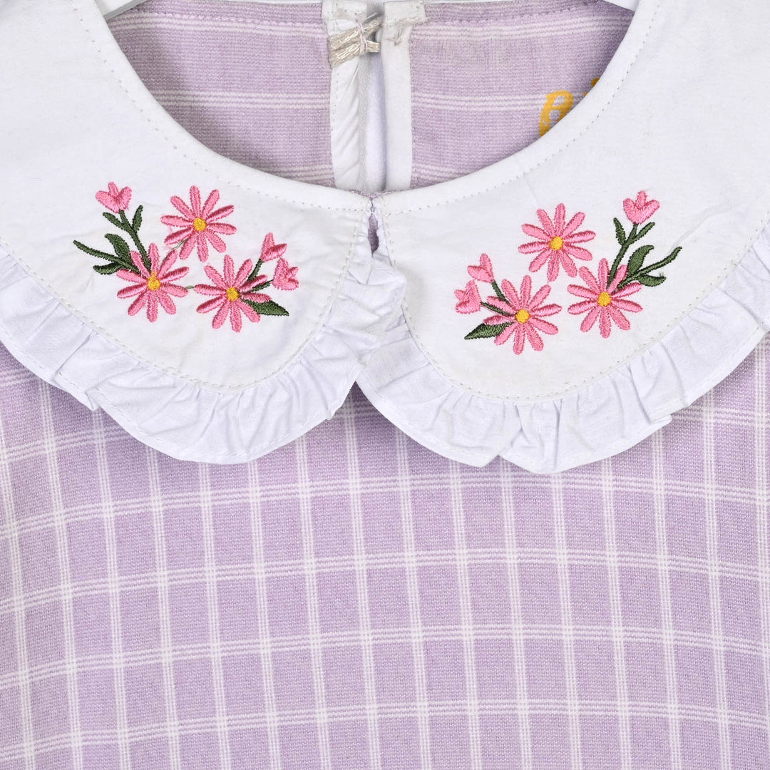 Girls Yarn Dyed 2Pcs Suit Flower Embroidery-Purple