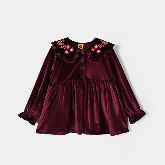Girls Velvet Emb Top Floral-MAROON