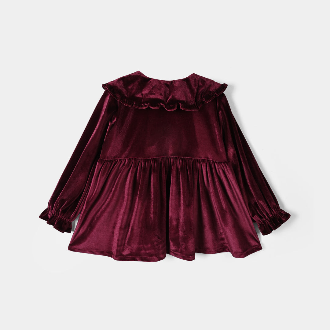 Girls Velvet Emb Top Floral-MAROON