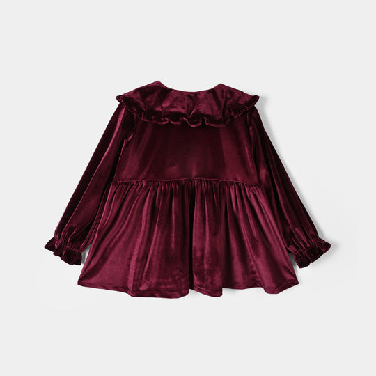 Girls Velvet Emb Top Floral-MAROON