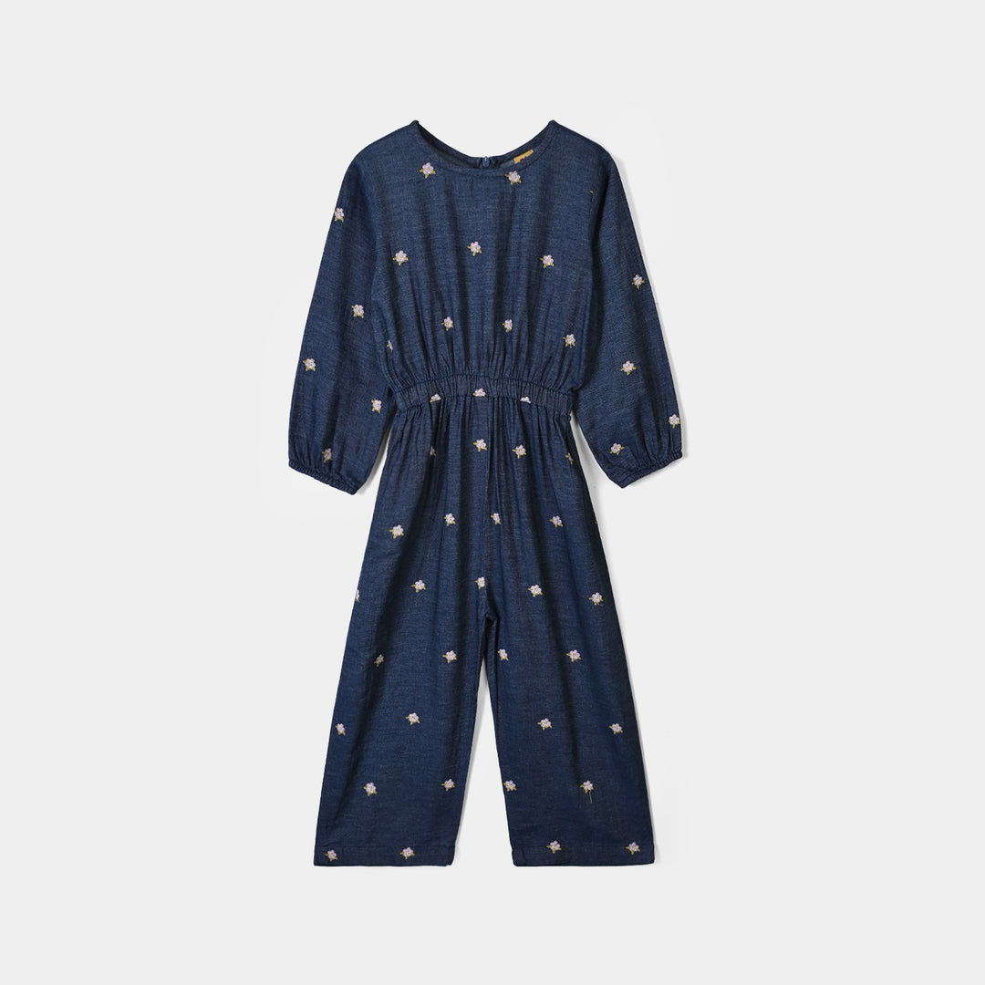 Girls Tensile Denim (Light Denim) Emb Jumpsuit Floral-BLUE