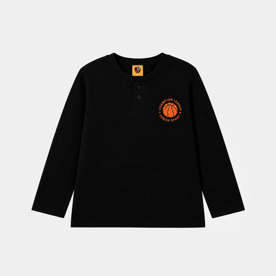 Boys Thermal T-Shirt F/S Henley-BLACK