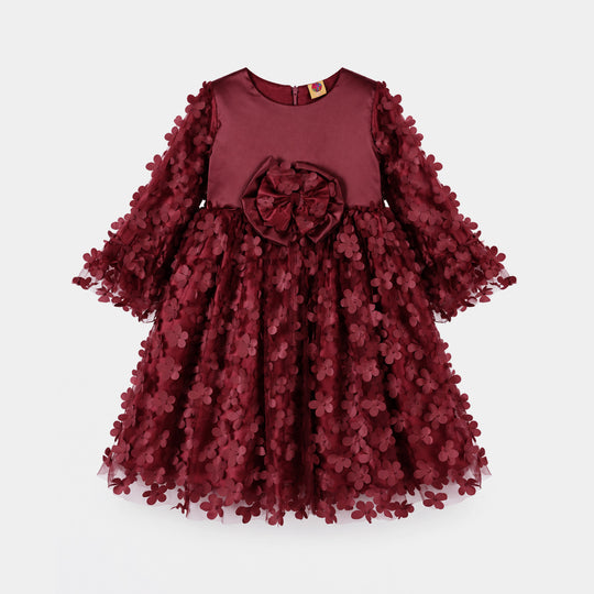 Girls Net Fancy Frock Dancing Flower-MAROON