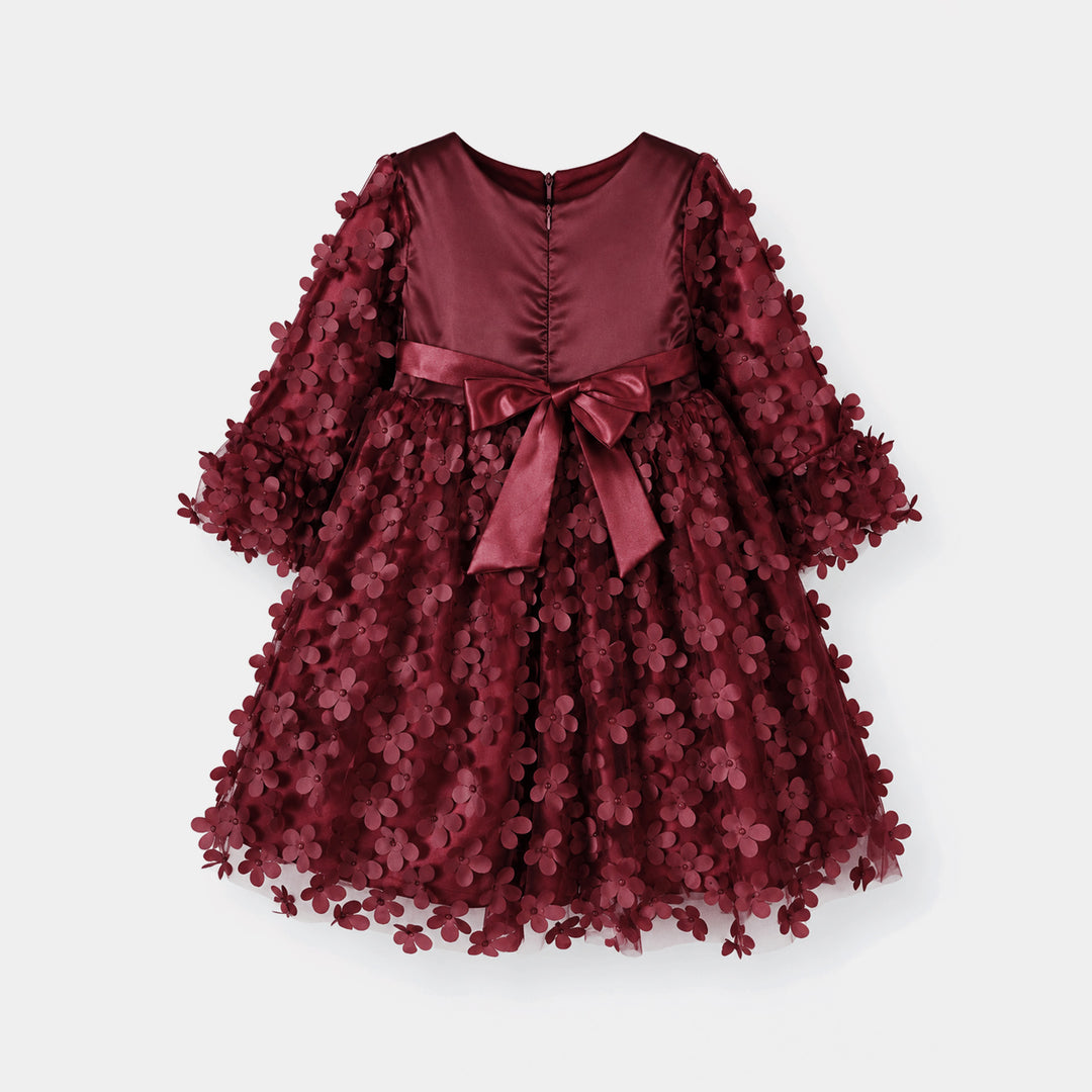 Girls Net Fancy Frock Dancing Flower-MAROON