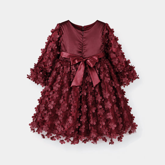Girls Net Fancy Frock Dancing Flower-MAROON