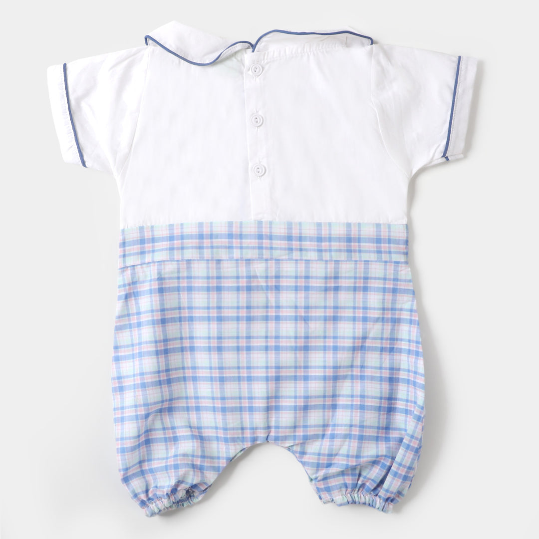 Infant Boys Woven Romper Emb Lines - White
