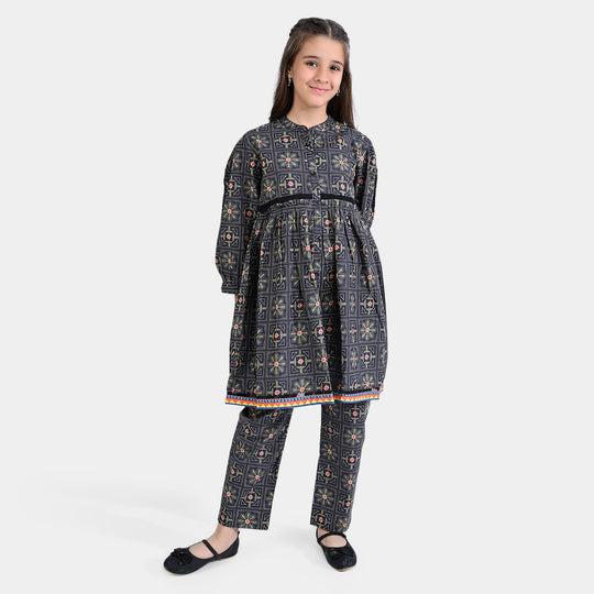 Girls Cotton Poplin Printed 2 PCs Suit Kantha-BLACK