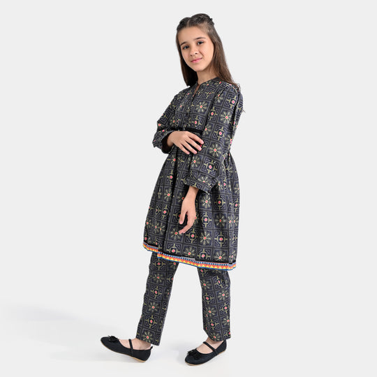 Girls Cotton Poplin Printed 2 PCs Suit Kantha-BLACK