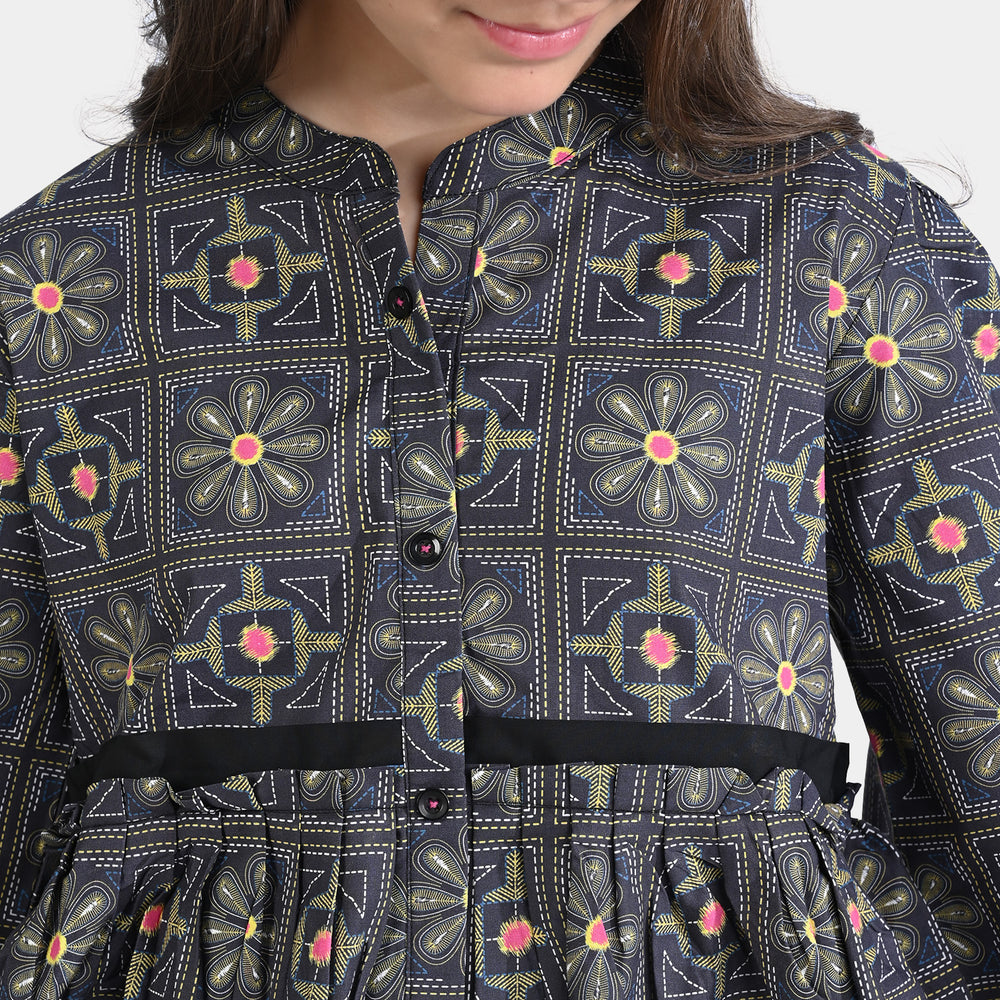 Girls Cotton Poplin Printed 2 PCs Suit Kantha-BLACK