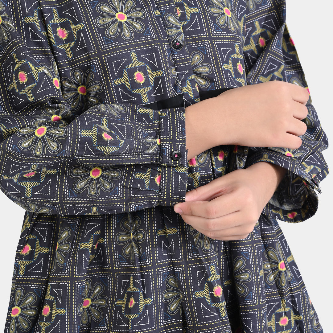 Girls Cotton Poplin Printed 2 PCs Suit Kantha-BLACK