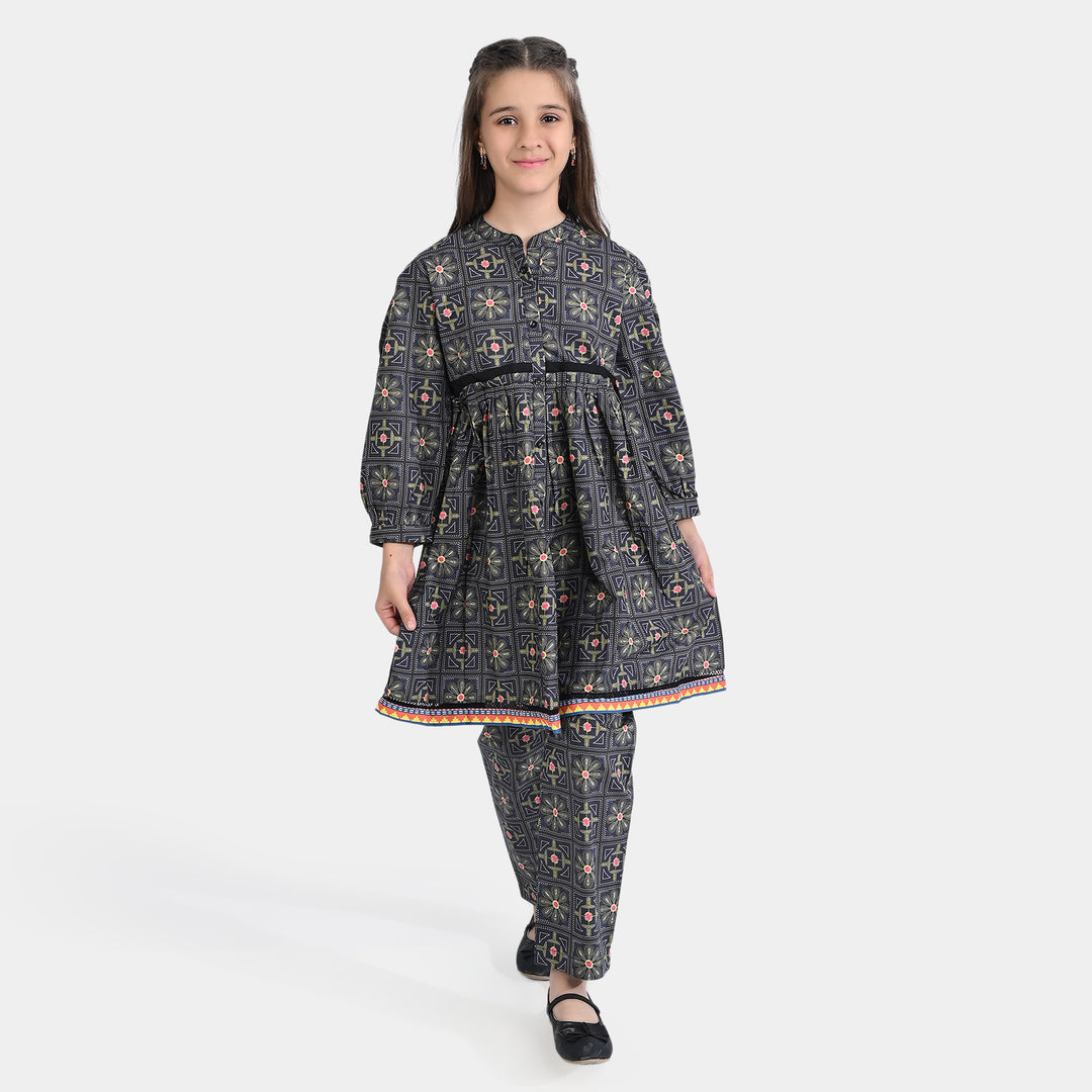 Girls Cotton Poplin Printed 2 PCs Suit Kantha-BLACK