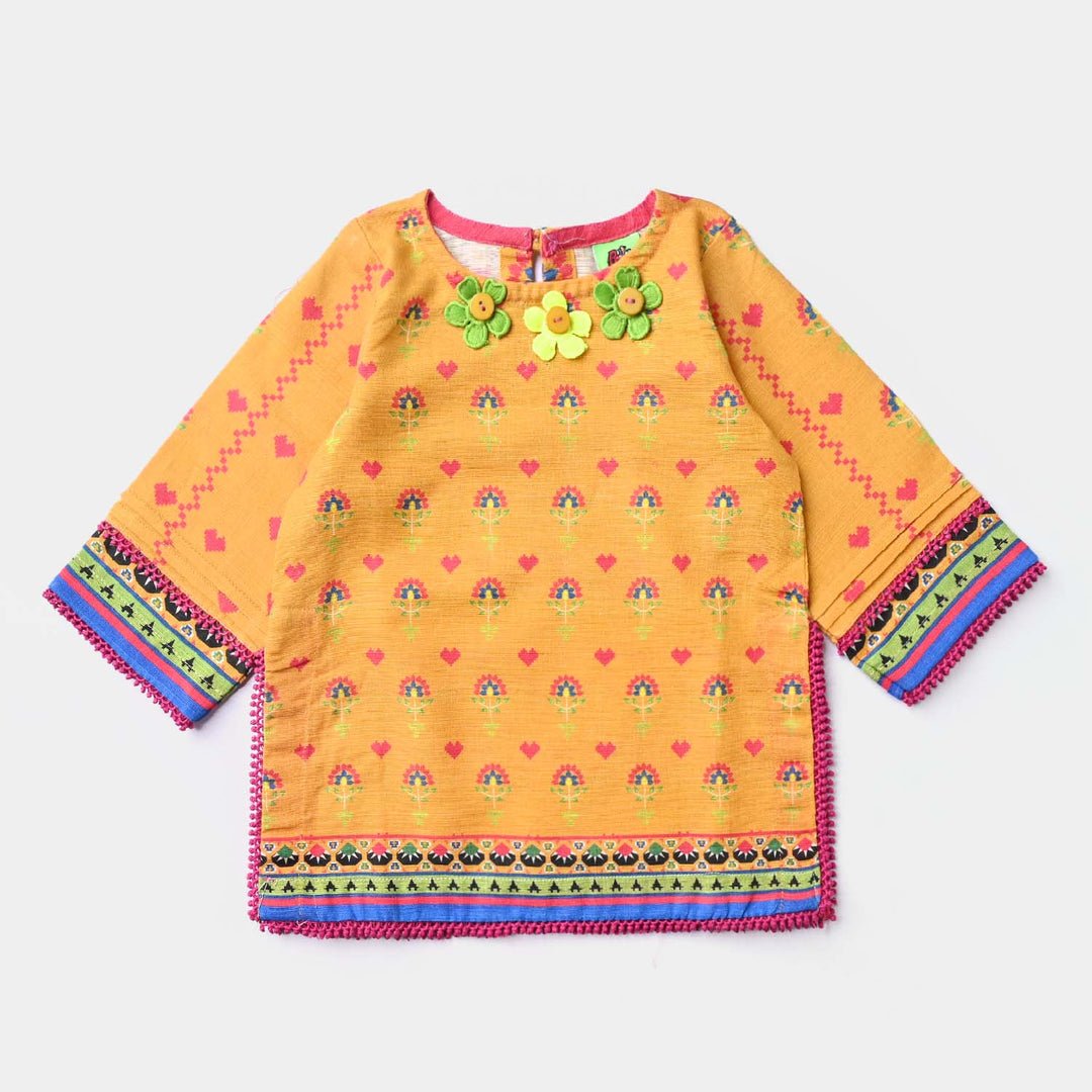 Infant Girls Cotton Slub Printed Kurti Cross Stitch Heart-Mustard