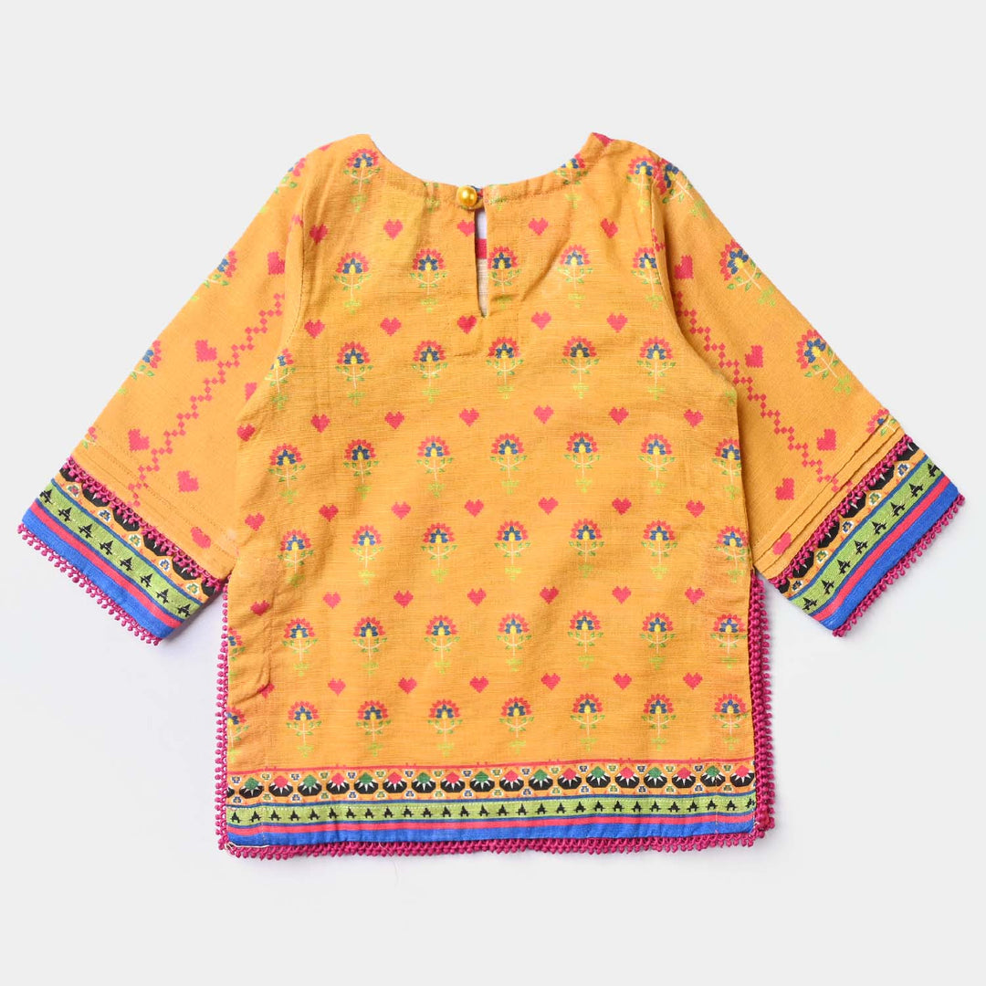 Infant Girls Cotton Slub Printed Kurti Cross Stitch Heart-Mustard