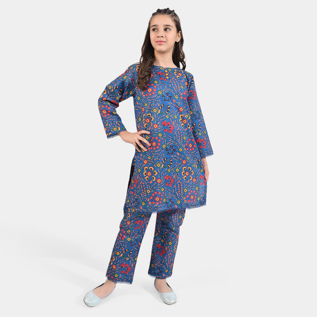 Girls Cotton Slub Printed 2 PCs Suit Phulkari - Navy Blue