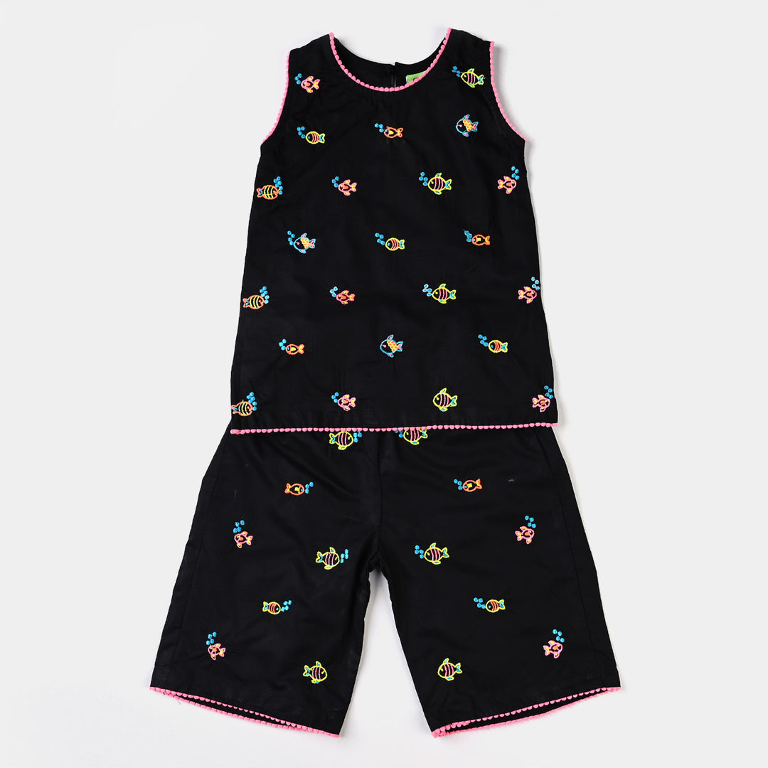 Infant Girls Cotton Slub EMB 2PCs Little Fishes-BLACK