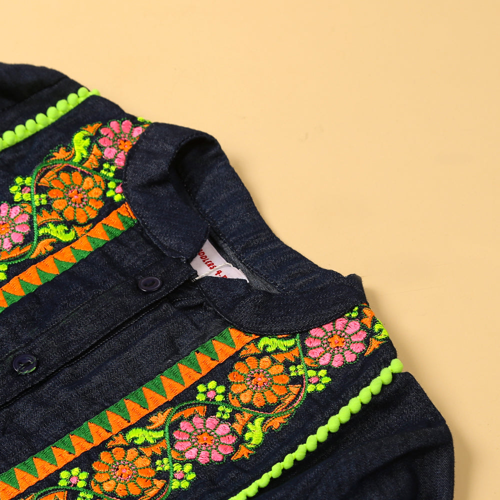 Geometric Denim Top For Girls - Dark Blue