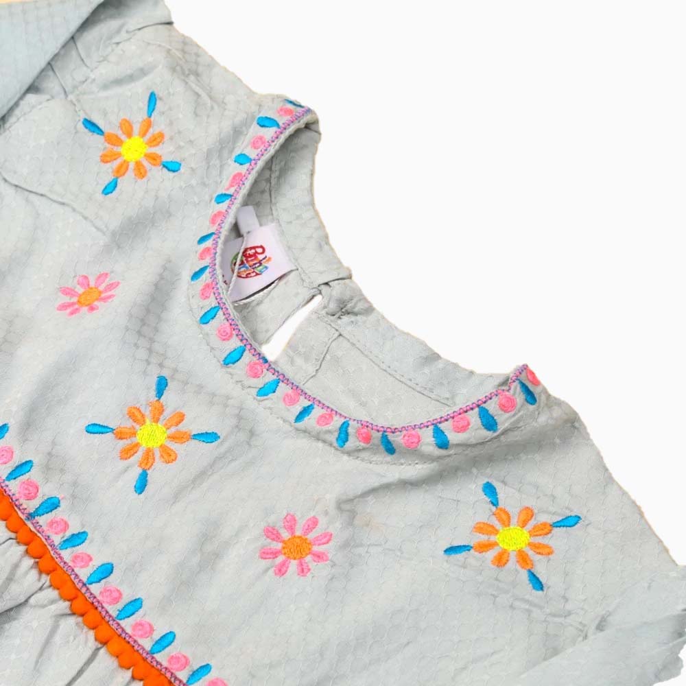 Embroided Pom Top For Girls - Aqua