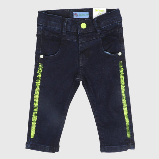 Infant Girls Pant Denim Sequins Tape -DARK BLUE