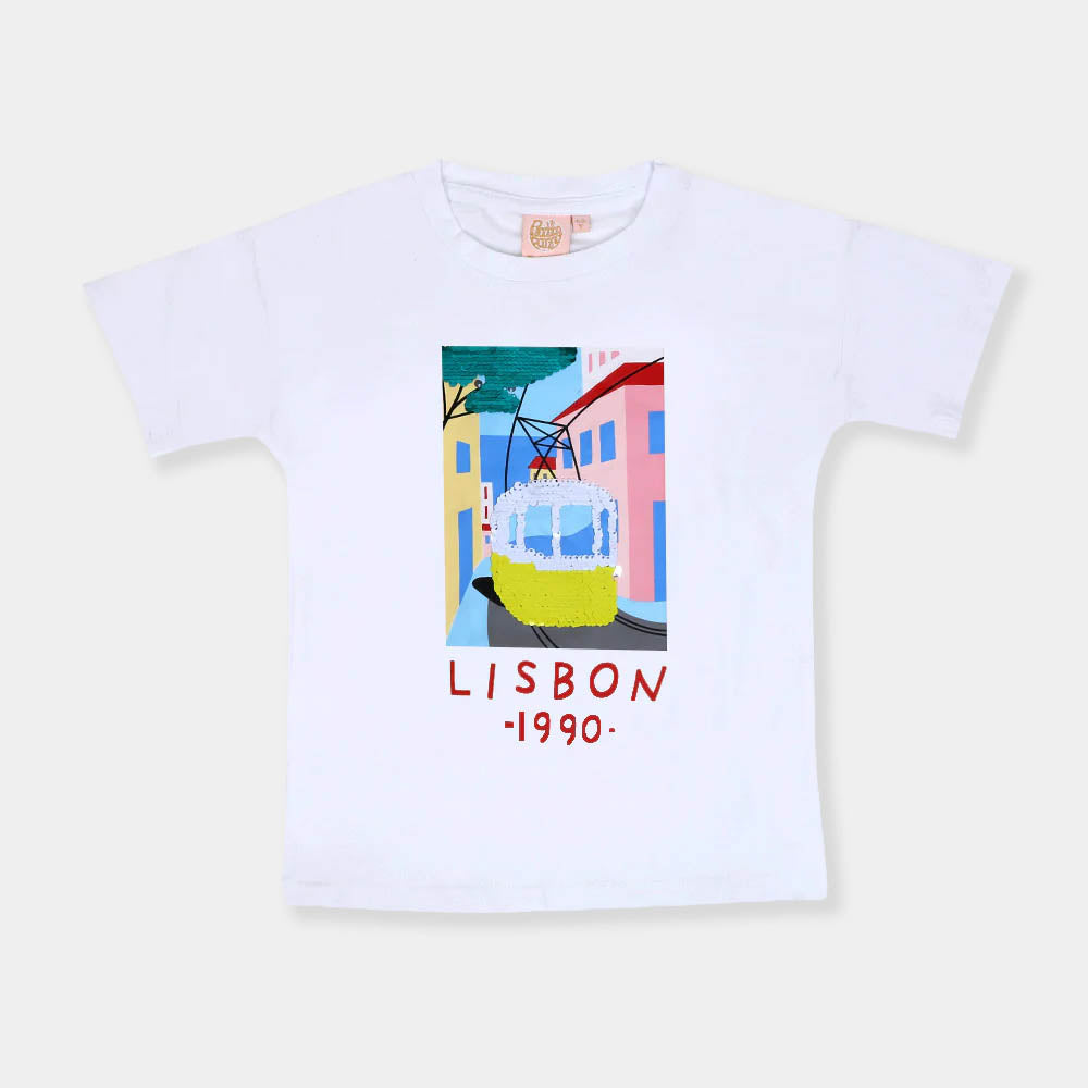 Girls T-Shirt Lisbon Beach E-C -White
