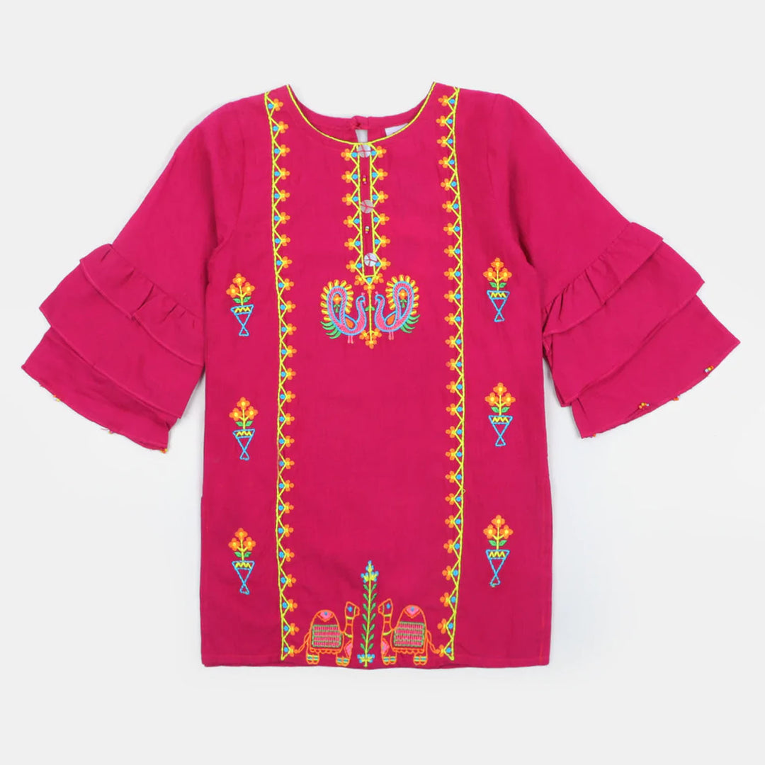 Girls Jacquard EMB Kurti - H.Pink