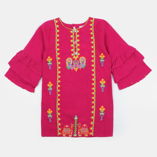 Girls Jacquard EMB Kurti - H.Pink