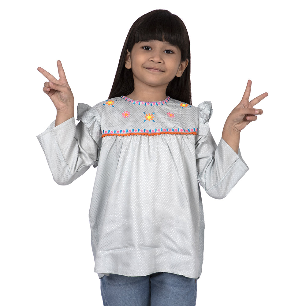 Embroided Pom Top For Girls - Aqua