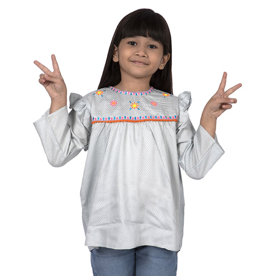 Embroided Pom Top For Girls - Aqua