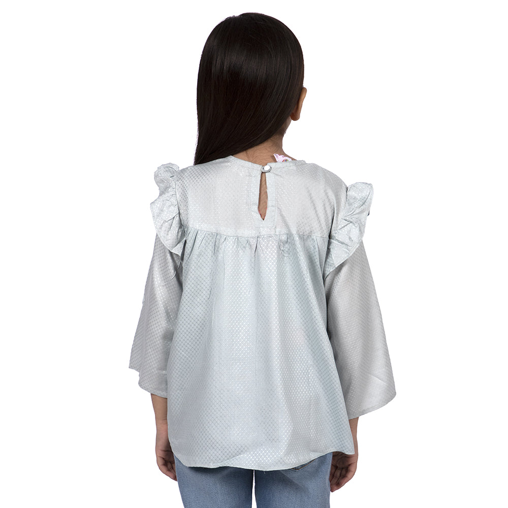 Embroided Pom Top For Girls - Aqua