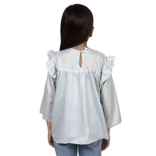 Embroided Pom Top For Girls - Aqua