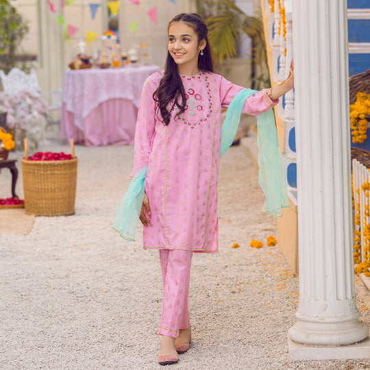 Girls Jacquard 3Pcs Suit Rani - Pink