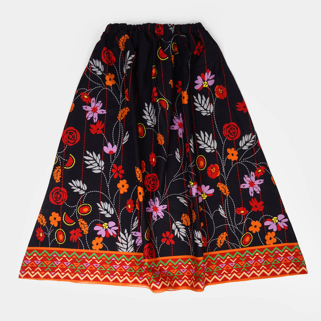 Girls Digital Print Cotton Long Skirt Leafy - Black