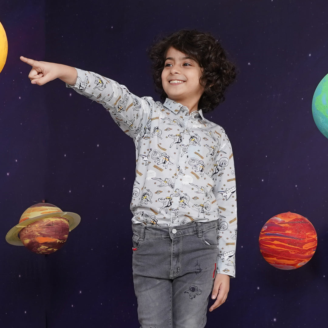 Boys Casual Shirt Dinosaurs-Grey