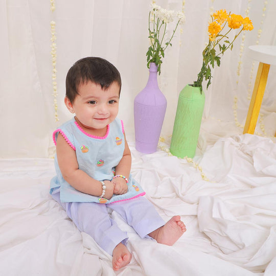 Infant Girls Embroidered Kurti Cup Cakes - mist blue