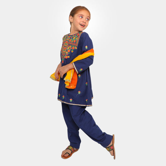Girls 3 Pcs Fancy Phulkari S2-NAVY