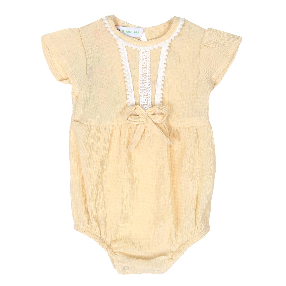 Infant Girls Woven Romper PomPom - BEIGE