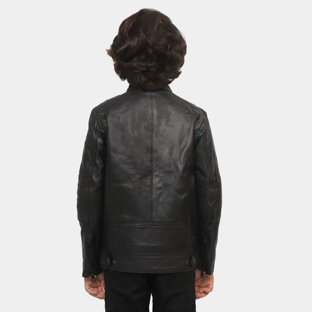 Boys Genuine  Sheep Leather Jacket Biker Sleeves-BLACK