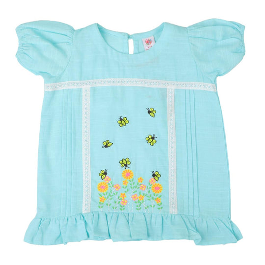 Girls Embroidered Top Bees And Flower - Aqua
