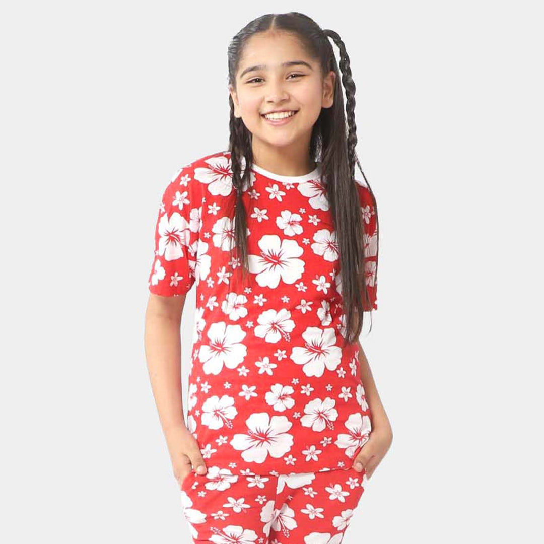Girls Cotton T-Shirt White Flower - Red
